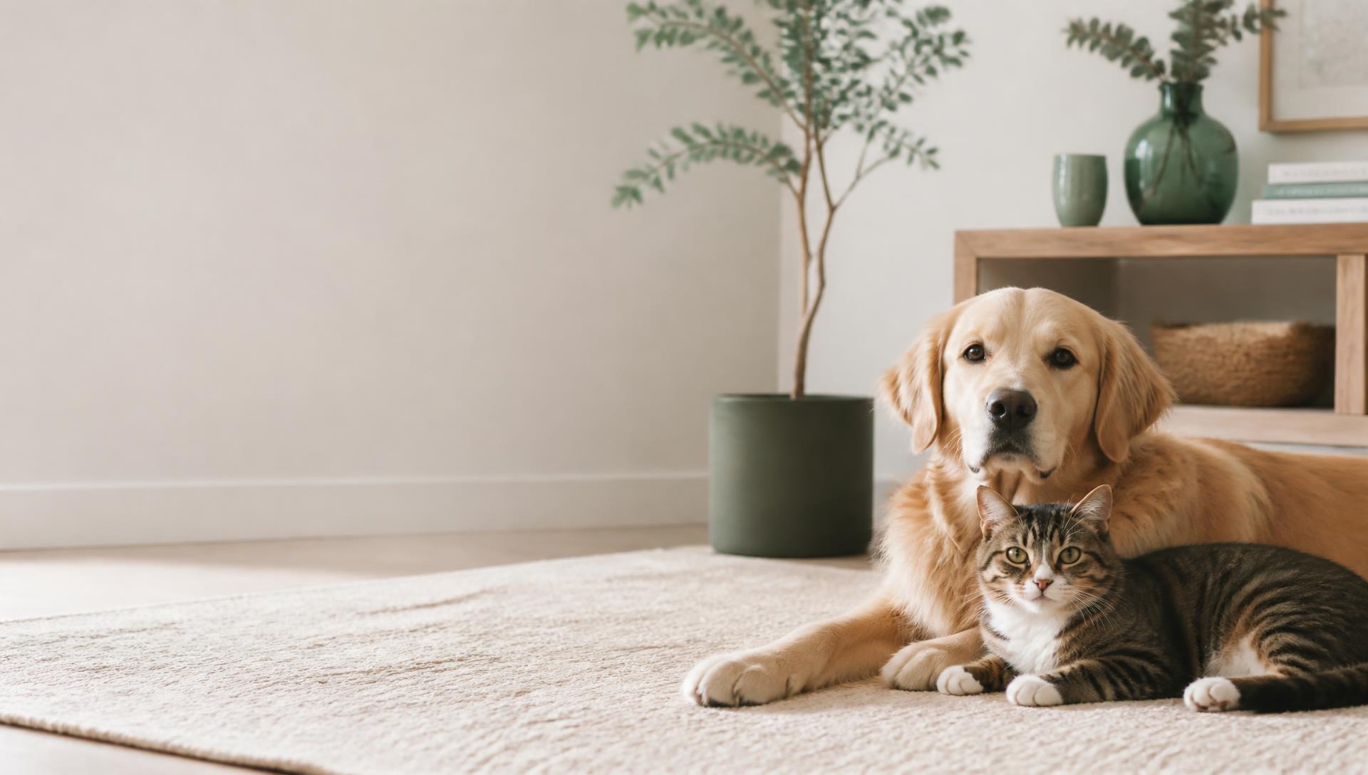 Hund och katt vilar tillsammans i ett ljust nordiskt hem